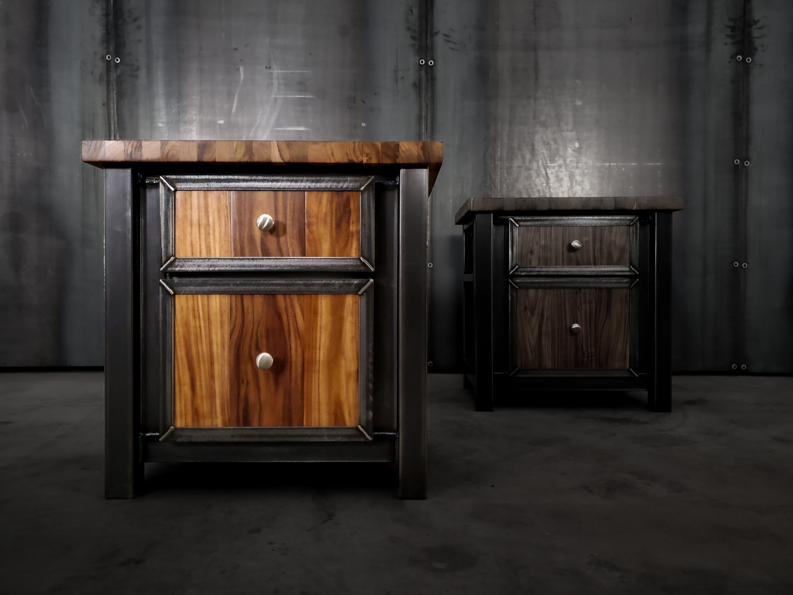 Modern Industrial Black Walnut and Steel Nightstands, Bedside Cabinets