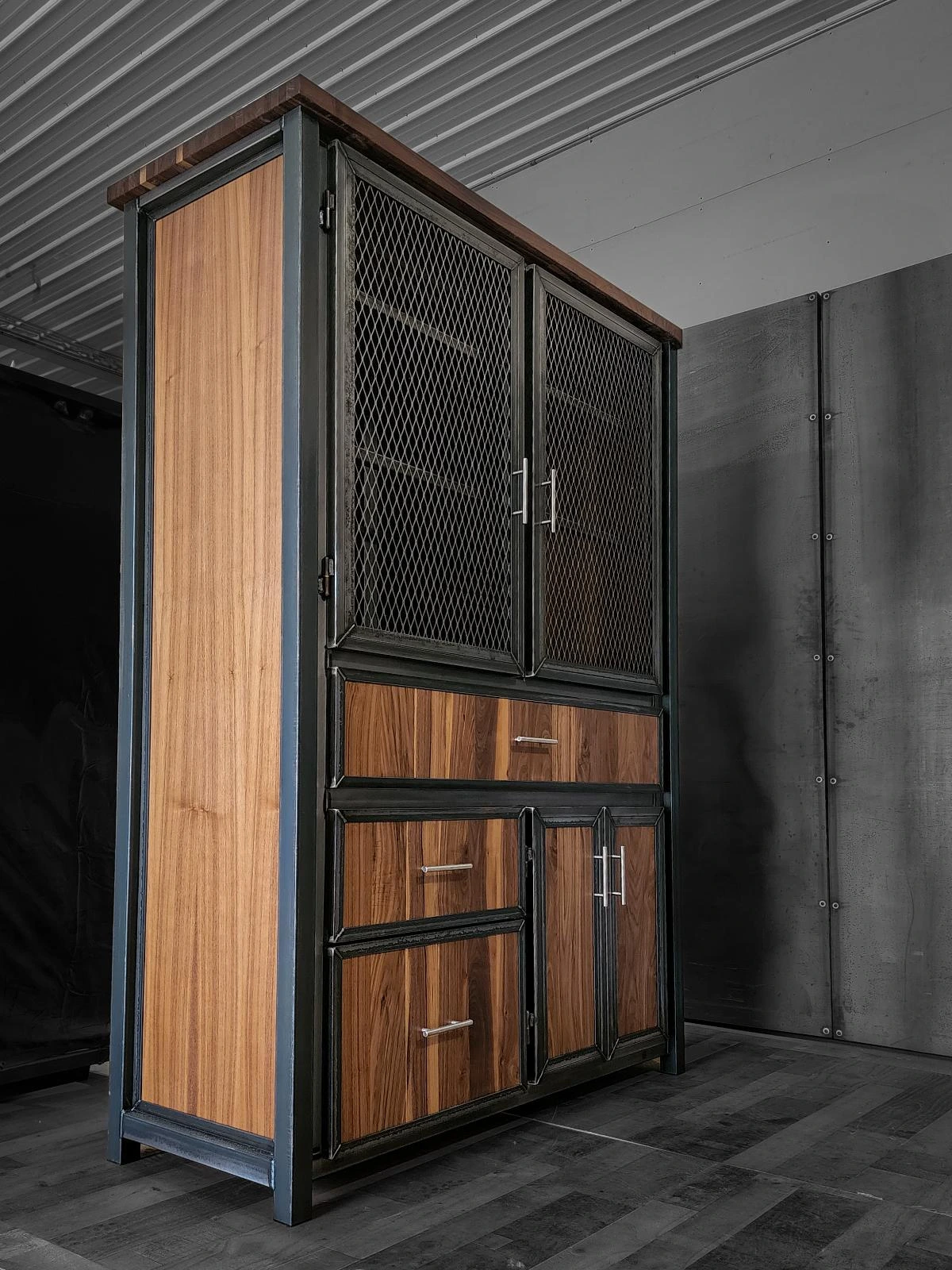 Large Modern Industrial Steel and Wood Armoire, Hutch