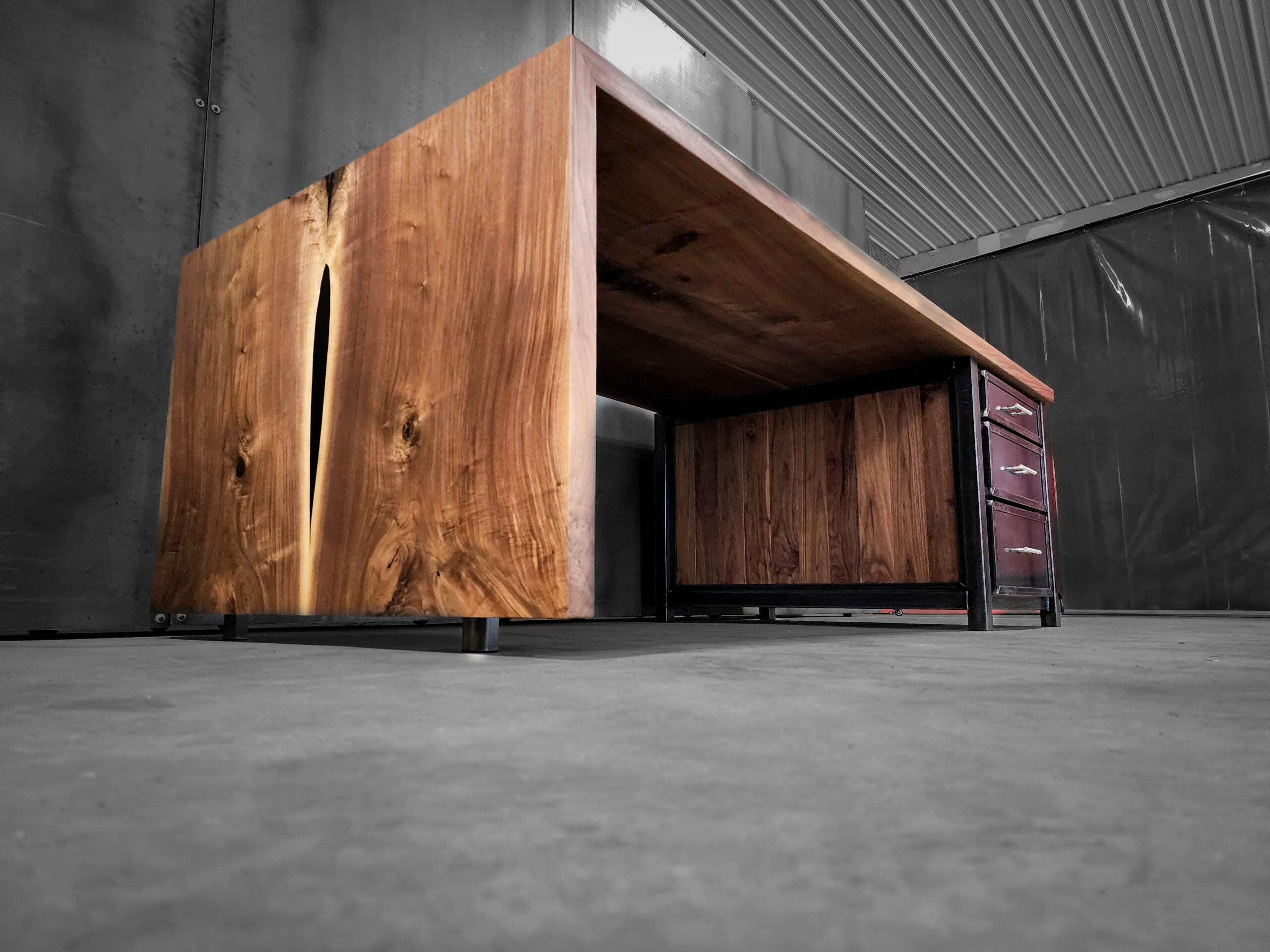 Modern Industrial Black Walnut Waterfall Office Desk