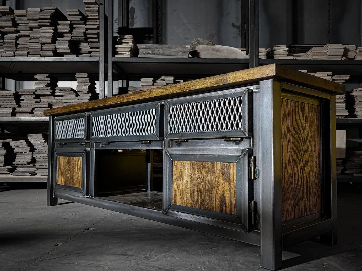 Modern Industrial Media Console, Wood and Steel TV Stand