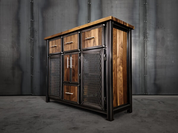 Black walnut and steel console with drawers and doors for a bar or kitchen
