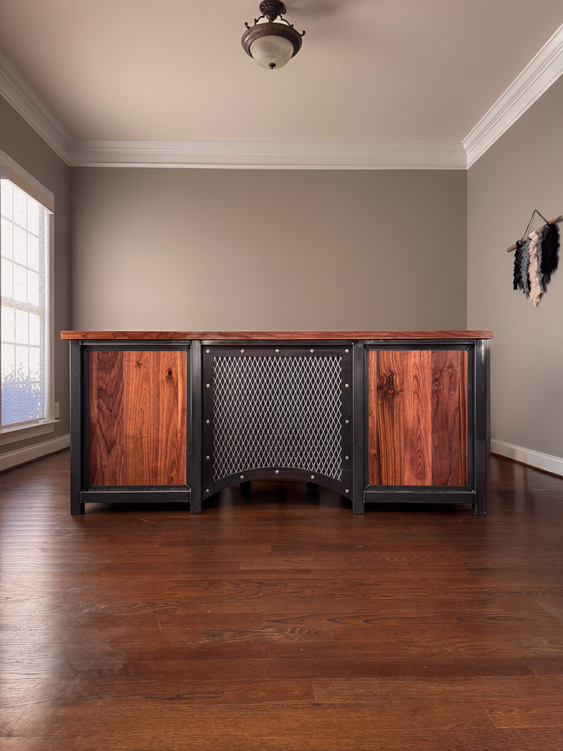 Modern Industrial Black Walnut and Steel Executive Office Desk