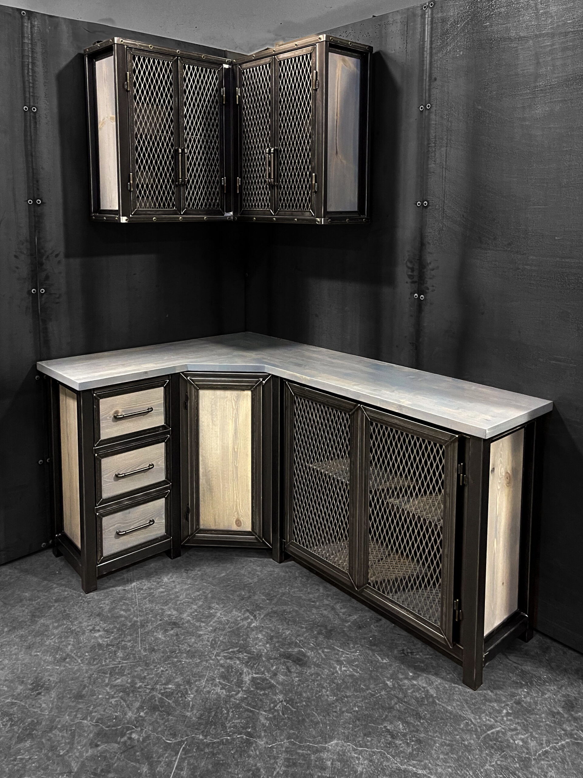 Steel and Wood Corner Kitchen Cabinets