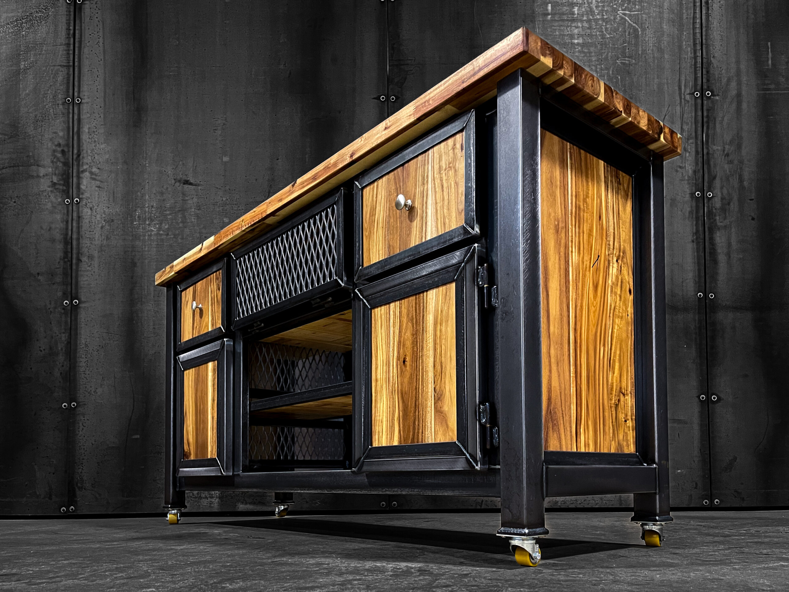 Modern Industrial Media Console on Casters