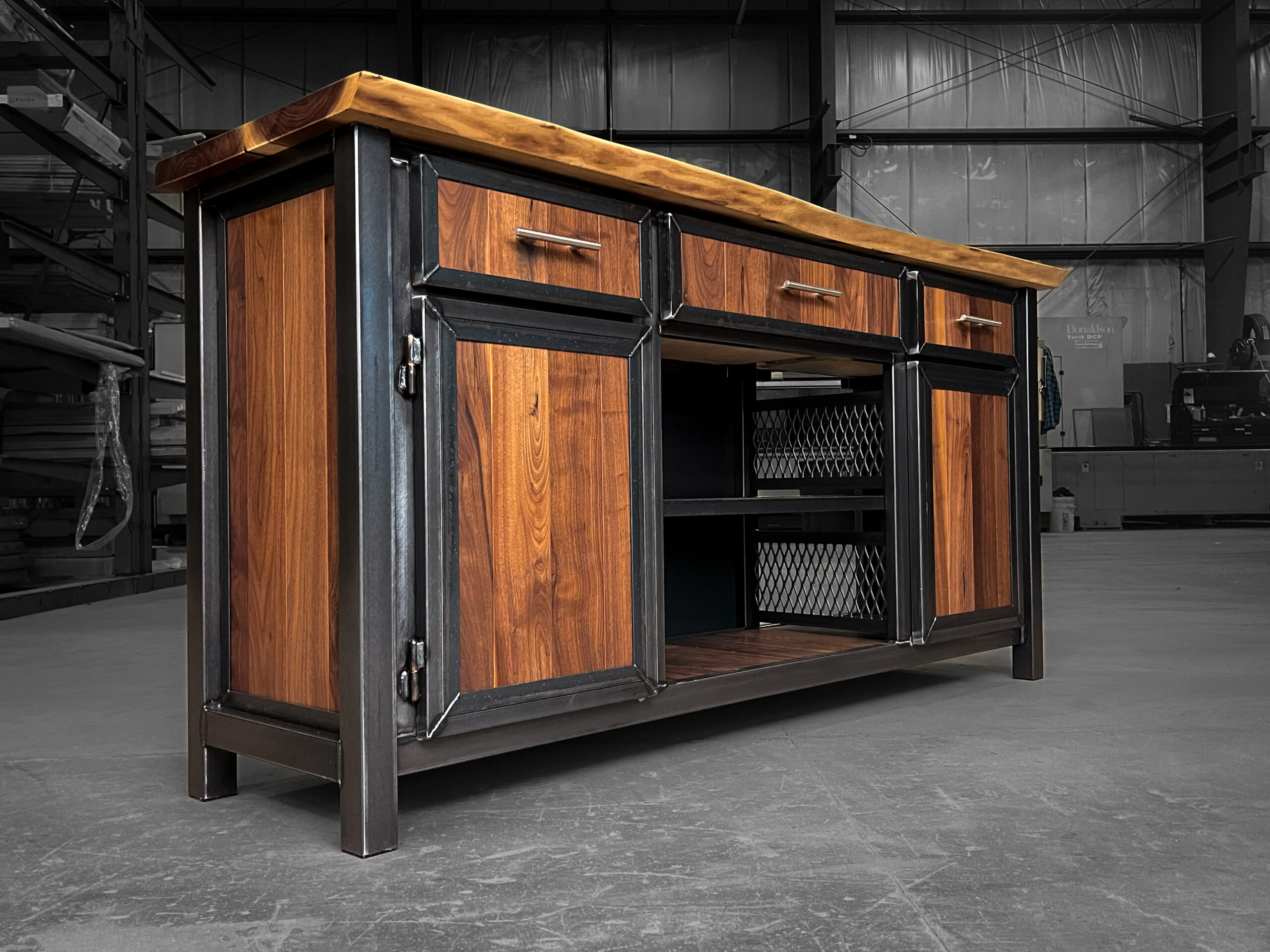 Modern Industrial Metal and Wood Media Console with Live Edge Slab