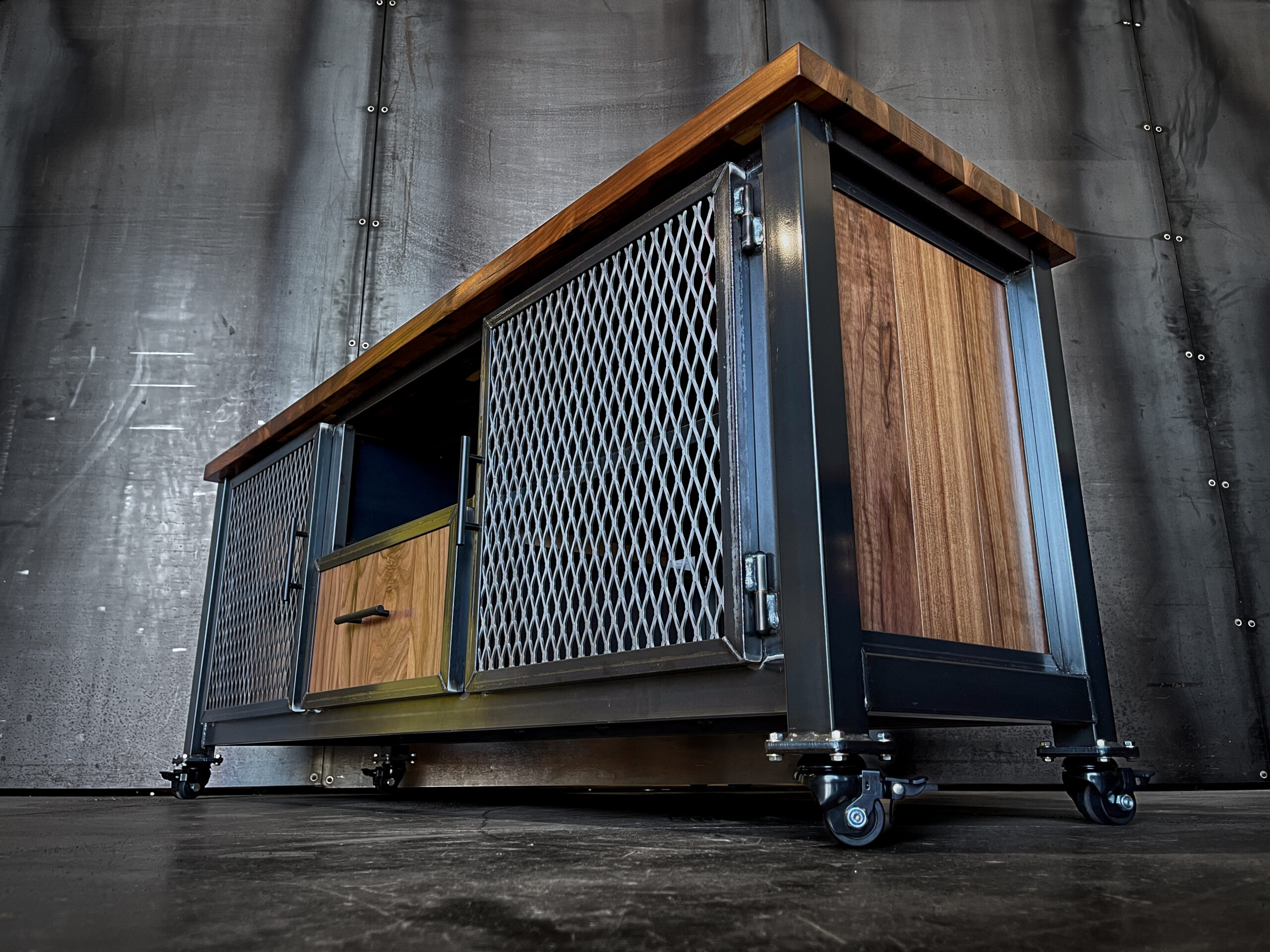 Modern Industrial Black Walnut and Steel Media Console on Casters