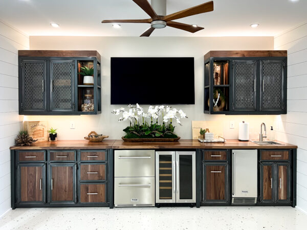 Full Wall Black Walnut and Steel Kitchen Cabinets
