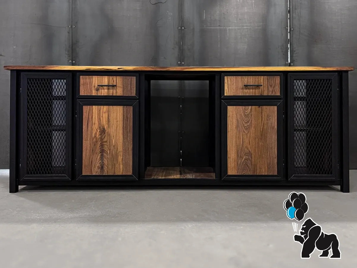 10ft Modern industrial Black Steel and Wood Kitchen Cabinet