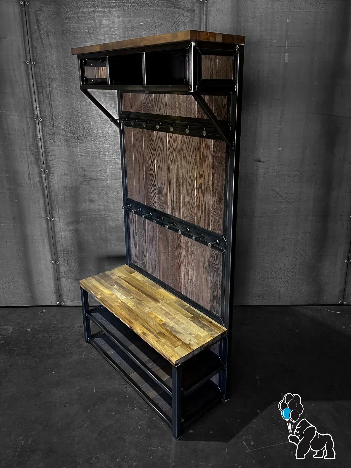 Modern Industrial Aged Gray Oak and Steel Mudroom Storage Bench