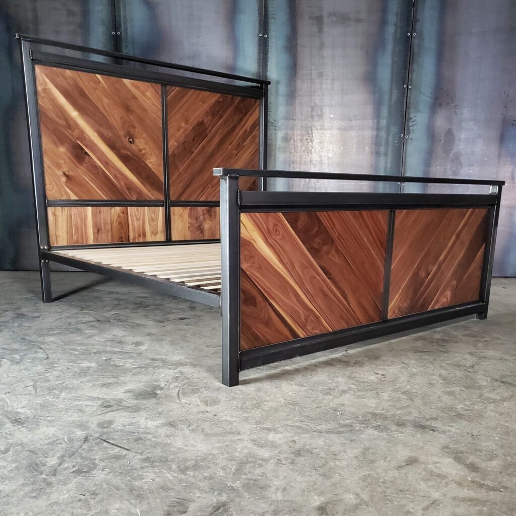 modern industrial wood and metal bed frame