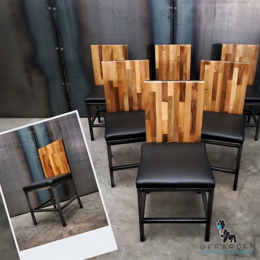A custom chair with butcher block back crafted by Gerarden Fabrication and Design