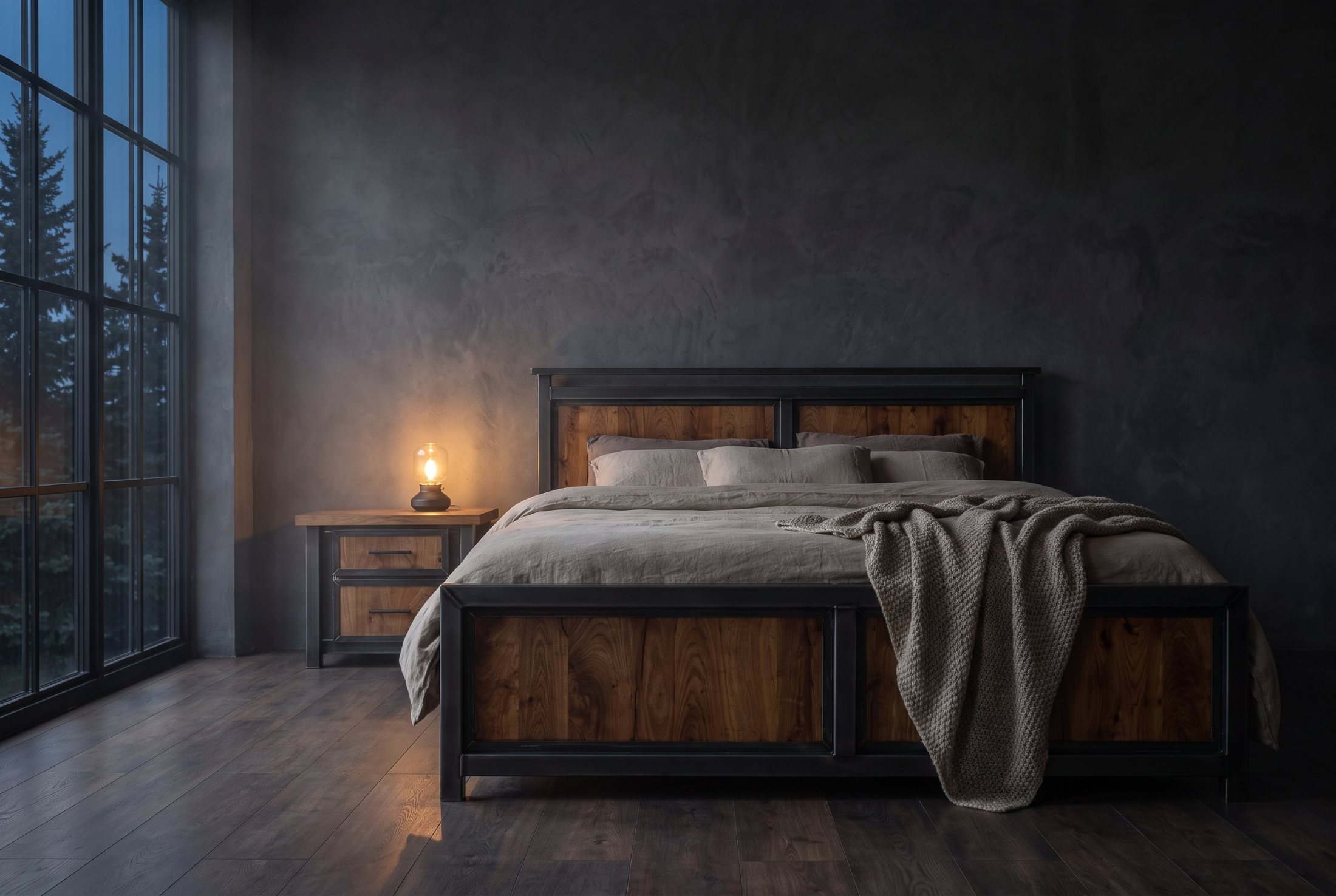 Industrial wood and steel storage bed with linen bedding at dusk
